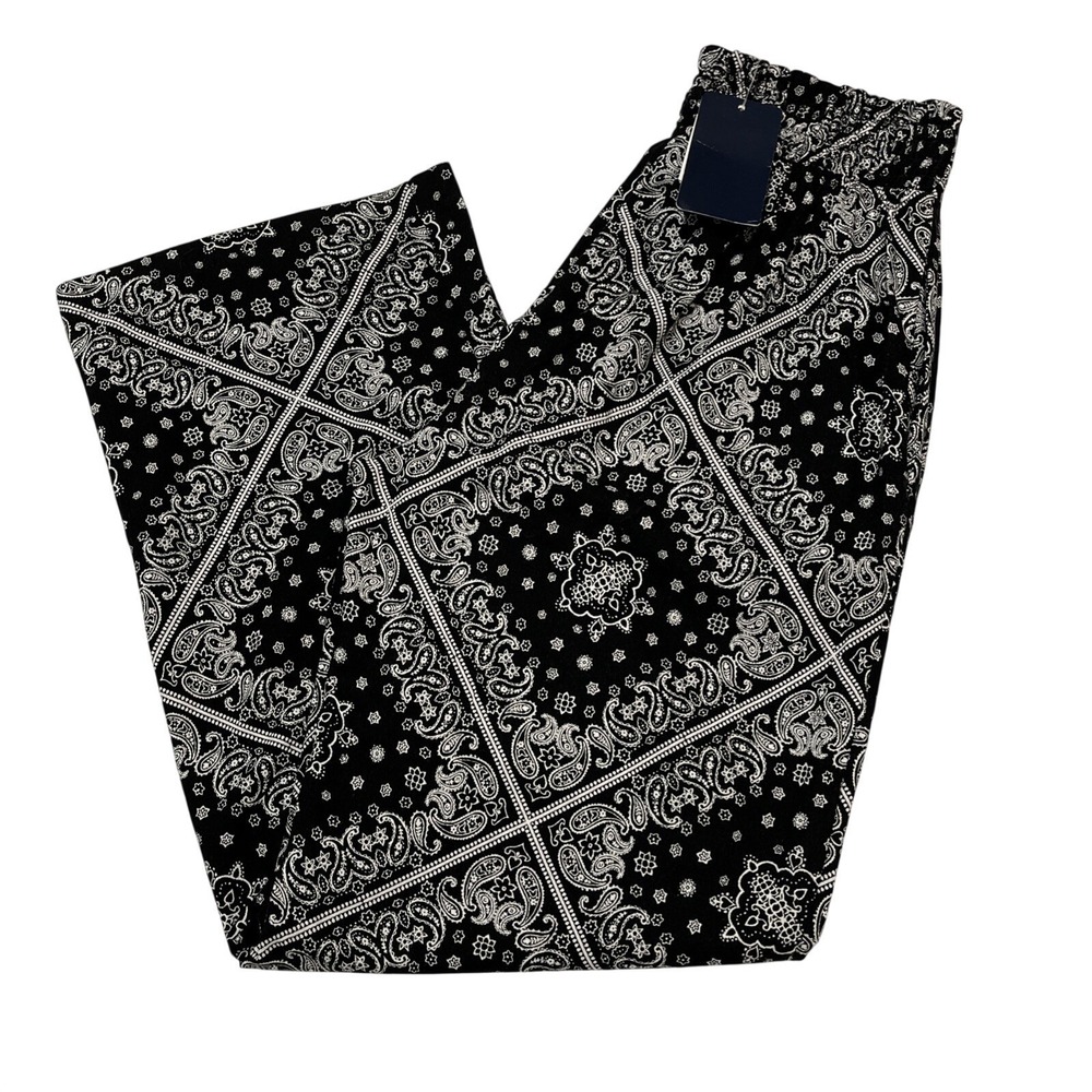 Monteau Pants Black Bandana Print Linen Blend Wide Leg Size S Coastal Cowgirl